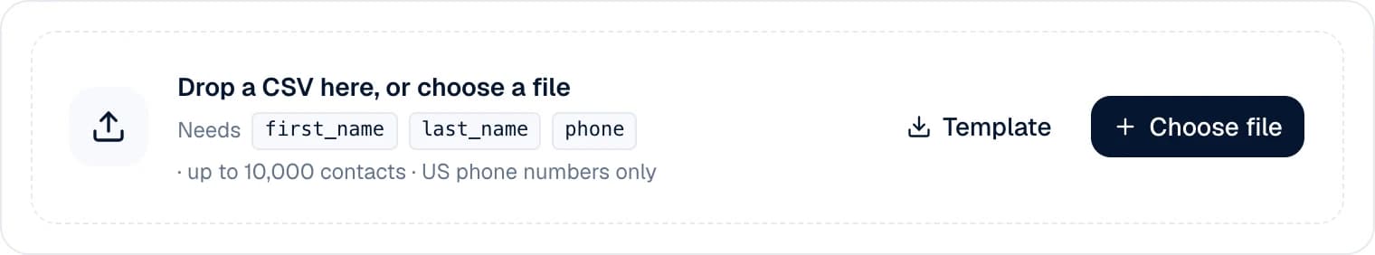 The upload step in Will This Person Answer: drop a CSV with first_name, last_name and phone columns, up to 10,000 contacts, US phone numbers only